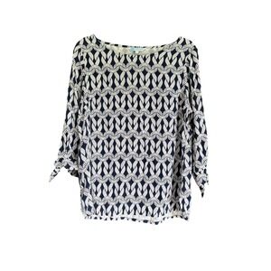 Escapada Living Navy White Geometric Rope Print Boatneck Tie Sleeve Blouse L